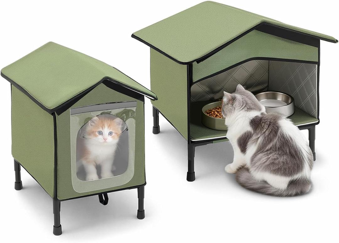 Outdoor Cat House with Cat Feeding Station, Elevated Waterproof and Insulated Feral Pet Shelter, with Clear Flap Door and Escape Exit, All Weather Outside House 18.5 x 16.3 x 12.9 Inch