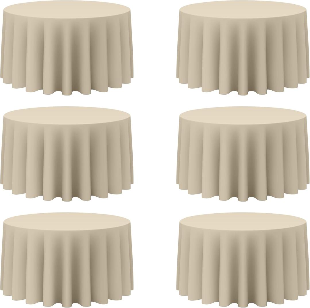 BRILLMAX 6 Pack Beige Round Tablecloths 120 Inch for 60” Tables - 150 GSM Polyester Fabric, Floor Length Drop, Water, Stain & Wrinkle Resistant Cloth Cover for Wedding Reception Banquet Dining