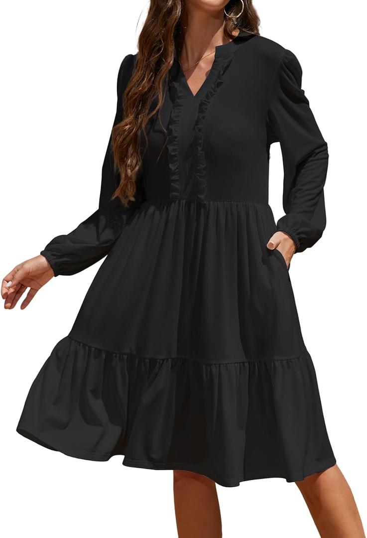 Womens Spring Summer Boho Dresses Ruffle V Neck Tiered Boho Vacation Long Dresses with Pockets, Black, Small