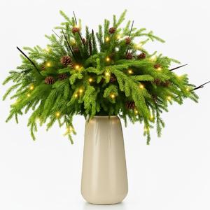 Moucuny 30 Pcs Christmas Norfolk Pine Branches with Lights 18" 24 Artificial Norfolk Stems Branches with Pinecone 6 Lighted Stems for Vases Xmas DIY Garland Wreath Home Centerpiece Table Decorations