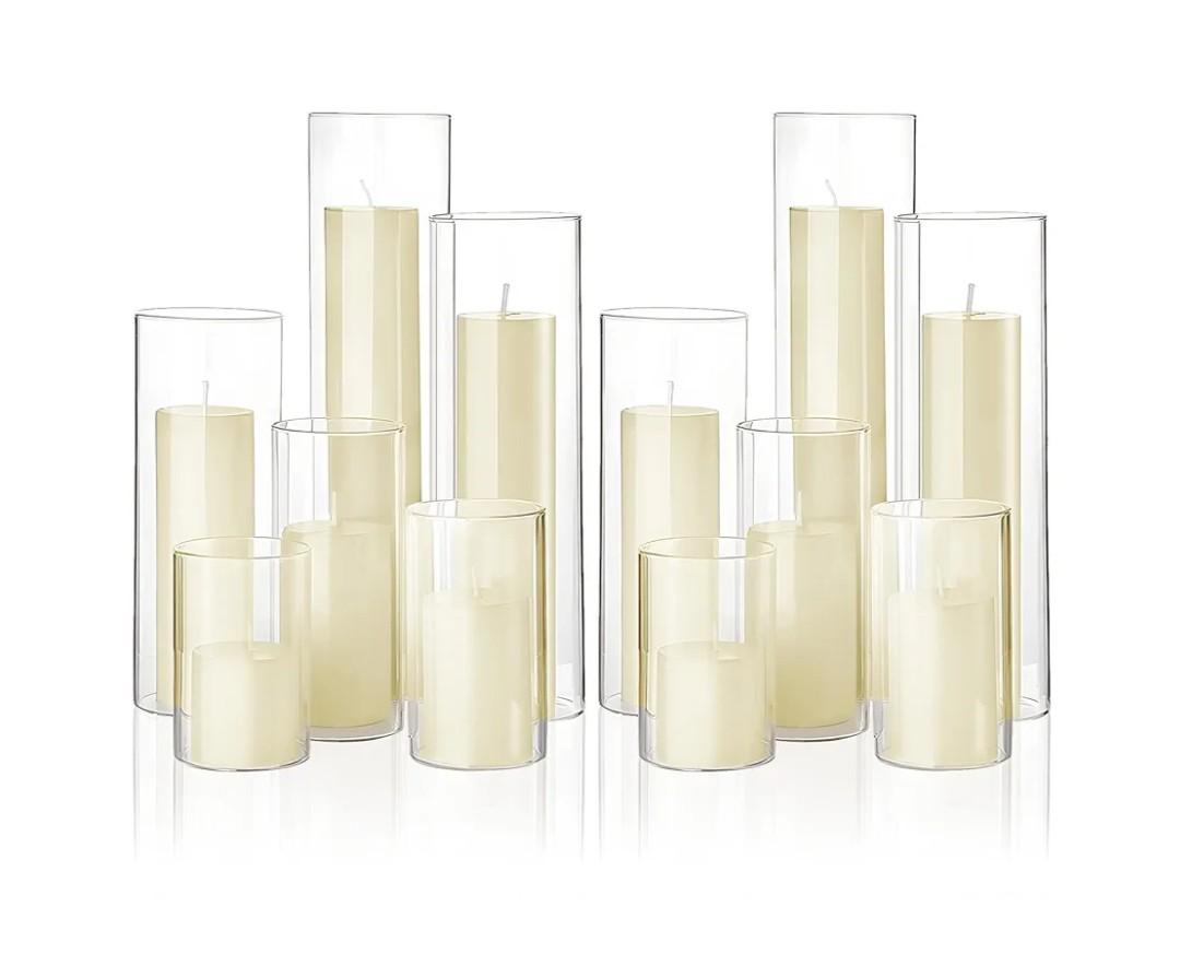 Shihanee Set of 12 Pillar Candles and Glass Cylinder Vases 6 Sizes Clear Tall Cylinder Holders for Pillar Candles Home Table Centerpieces Decoration (Multiple Sizes, Ivory)