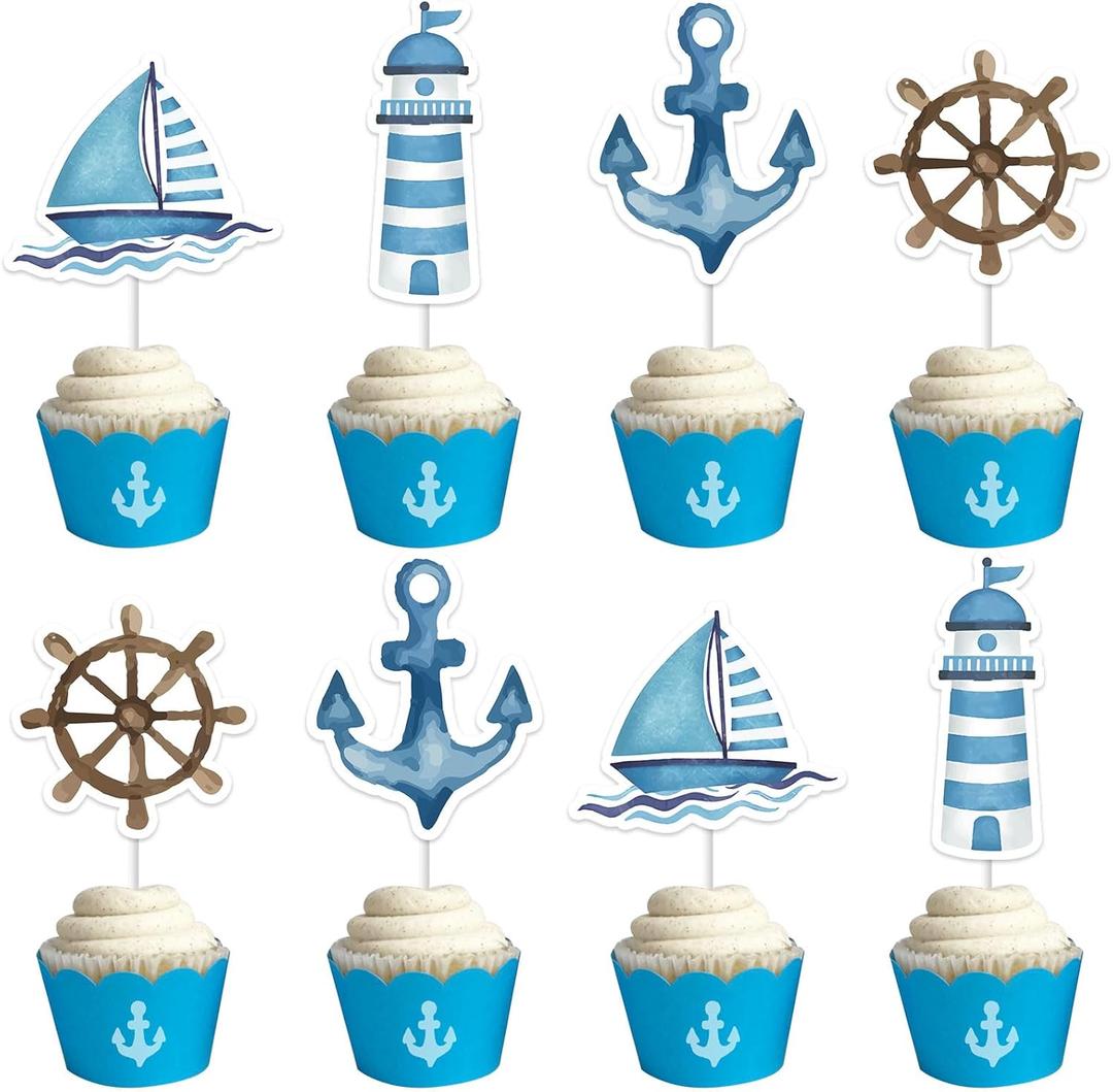 Kreatwow Nautical Cake Decorations and Cupcake Toppers - Sailor Birthday Party Supplies, Ocean Navy Theme Decor for 1st Birthday, Baby Shower, Bachelorette Party (Blue)