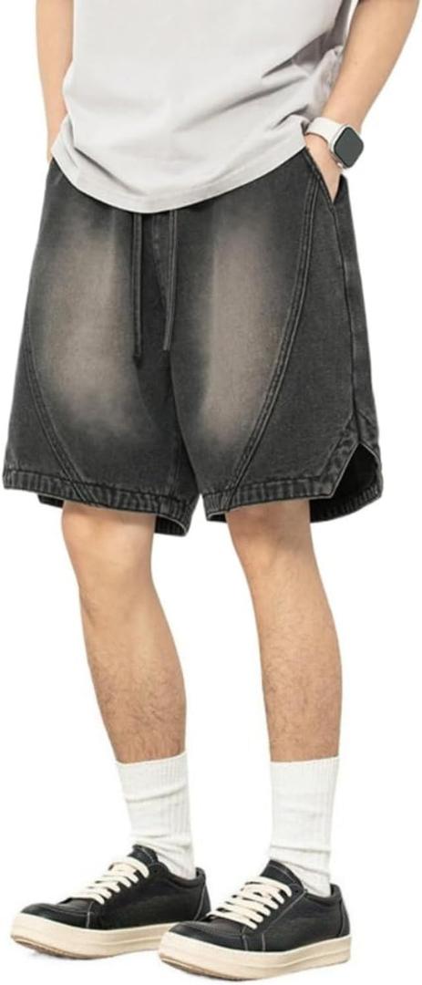 Men's Y2K Baggy Denim Shorts Loose Fit Vintage Harajuku Casual Jorts 2026 Summer Elastic Waist Alt Emo Streetwear (XL)
