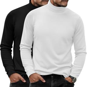 Ficerd 2 Pack Men's Turtle Neck Shirts, Lightweight Cotton Pullover Sweater Slim Fit Mock Turtleneck Knitted Long Sleeve Tops (XXL)