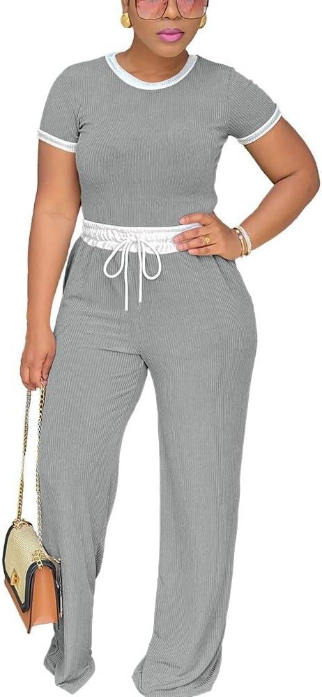 HTD Womens 2 Piece Outfits Casual Sweatsuits Set Short Sleeve Matching Sets Tracksuit (Large, Gray)