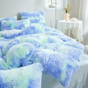 RYNGHIPY Shaggy Fluffy Plush Duvet Cover Set with Pillowcases, Mint Green Furry Rainbow Bedding Set for Kids Girls, Ombre Aqua Teal Comforter Cover (Mint Green,Full)