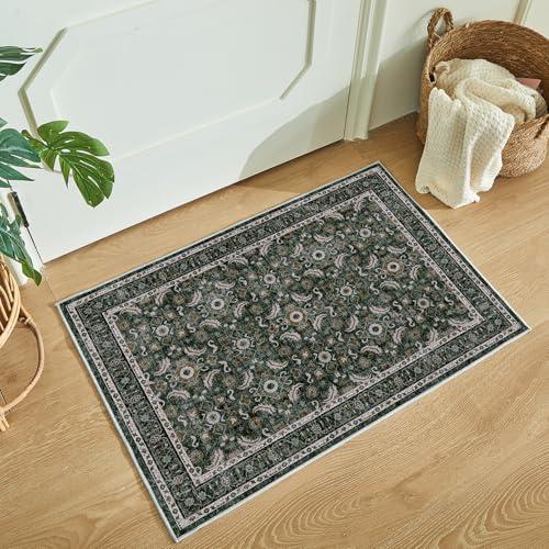 WITSHOCK Washable 2x3 Entryway Area Rug: Soft Non-Slip Backing Washable Rugs Vintage Flower Boho Accent Small Rugs for Bedroom, Kitchen, Bathroom, Nursery Entrance,Dark Green