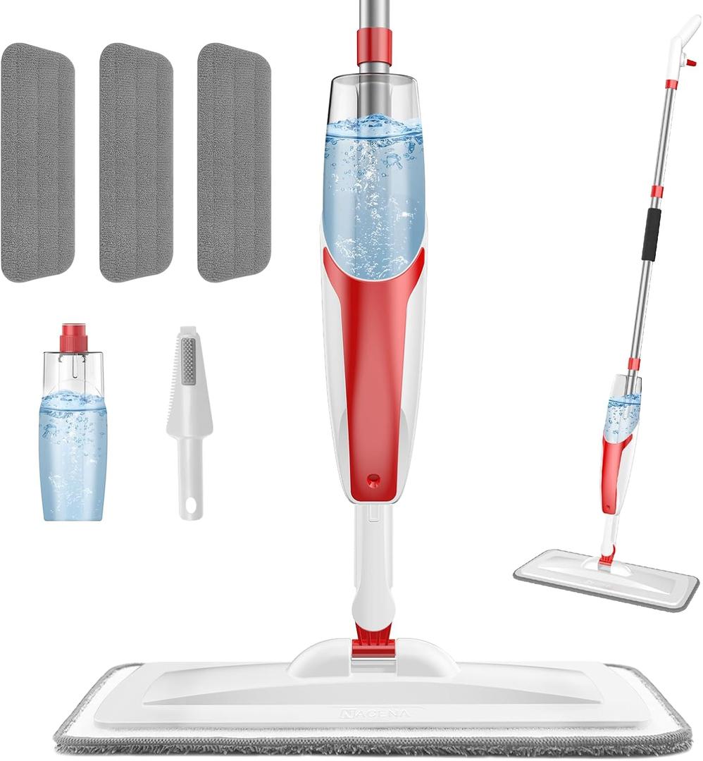 Nacena Spray Mop for Floor Cleaning, Dust Mop with 420 ml Refillable Bottle and 3 Pcs Washable Pads Dry Wet Floor Mop for Household or Commercial Use for Hardwood Laminate Tile Ceramic, Red&White