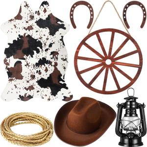 7 Pcs Western Cowboy Party Decorations Cowhide Rug Wooden Wagon Wheel Brown Cowboy Hat Cast Iron Horseshoe Kerosene Lamp Golden Rope for Theme Birthday Go Party Decor
