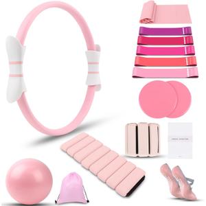 16 PCS Pink Pilates Ring and Ball Set for Women with 15" Magic Circle, Home Pilates Equipment Kit with Adjustable 1LB Ankle Wrist Weight, Resistance Band, Gliding Discs, Pilates Essentials Accessories