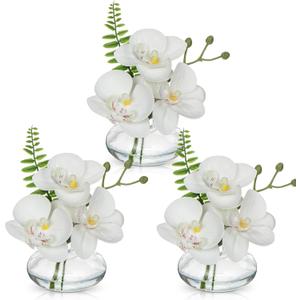 Oairse White Orchids Artificial Flowers Faux Orchids Arrangement in Clear Glass Vases Set of 3 Real Touch Phalaenopsis Orchid Flowers Small Fake Orchid Centerpiece for Dining Room Table