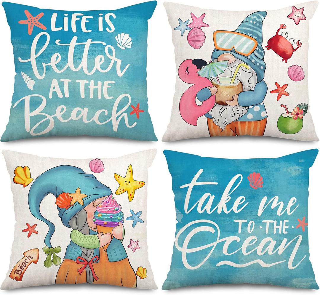 2 x AnyDesign Summer Beach Pillow Cover Funny Gnome Starfish Throw Pillow Case Blue Ocean Beach Cushion Cover for Indoor Outdoor Home Bed Sofa Decoration, 18 x 18 Inch, Set of 4