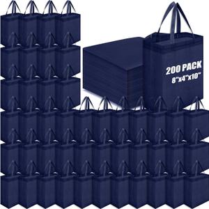 Windyun 200 Pcs Reusable Tote Bag Bulk 8 x 4 x 10 Inch Non Woven Shopping Bag with Handle Portable Grocery Bags Gift Tote for Merchandise Events Parties Boutiques Retail Stores (Navy Blue)