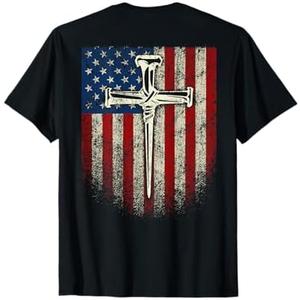 (Art on Back) American US Flag Cross Christian T-Shirt. (L, Black)  