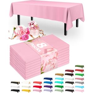 Pureegg Plastic Table Cloth Disposable 8 Pack, 54 x 108 Inch Table Cloths, Easter Party, Valentines, Mothers Day Decorations, Tablecloths, Rectangle, Pastel Plastic Cover, Leakproof & Sturdy, Pink