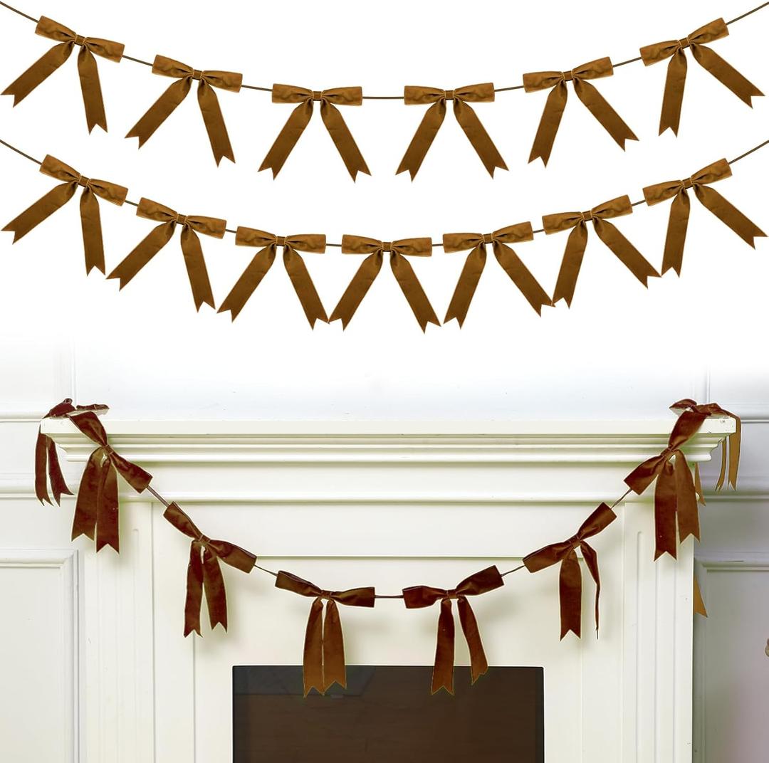 VitalCozy 10 ft Christmas Velvet Bow Garland Pre-Strung Bow Garland Banner with 13 Pcs 7 x 7 Inches Bows Reusable Vintage Velvet Bow Decoration for Xmas Tree Fireplace Staircase(Khaki)