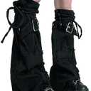 Micotaku Women's Gothic Punk Y2K Cross Style Knit Long Leg Warmers Loose High Socks with PU Leather Straps