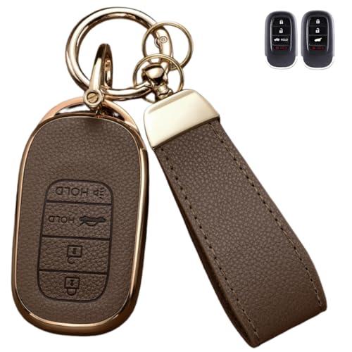 Axtrulix Key Fob Cover for Honda, Upper Leather + Soft TPU Key Cover Case Shell for Honda 2022 2023 2024 2025 Civic Accord HR-V Pilot CR-V, 4/5 Buttons (Brown, 4 Buttons)