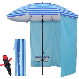 HOMEDEMO 7FT Beach Umbrella with Table & Anchor, Heavy Duty Windproof with UPF 50+ Sun Protection, Outdoor Umbrellas with Adjustable Aluminum Pole (Light and dark blue-white stripes)