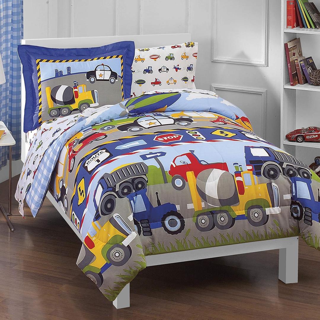 dream FACTORY Trucks Tractors Cars Boys 5-Piece Bedding Kids Construction Comforter Sheet Set, Twin Blue Red Multi