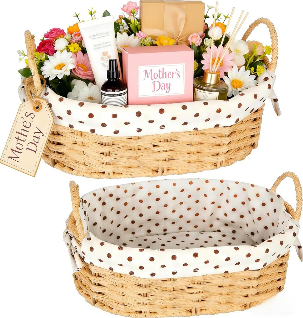 2 Pack Empty Gift Basket with Handles, Wicker Rope Baskets for Organizing, Basket for Storage Shelf Table Picnic & Home Decor (Oval)
