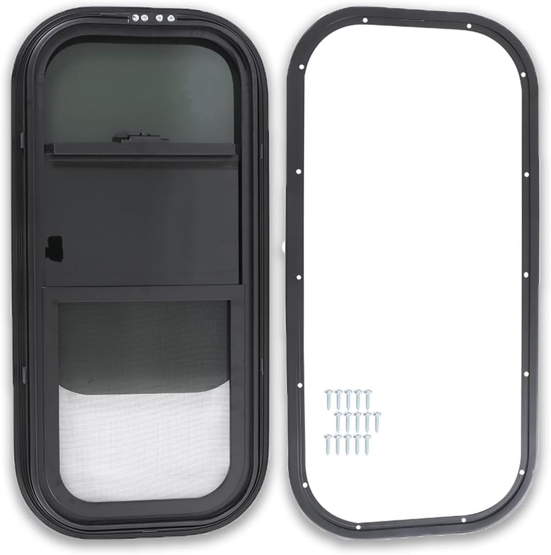labwork 30W x 15H Aluminum Alloy Tempered Glass Window Horizontal Slider RV Window Cargo Trailer W/ Screen Black