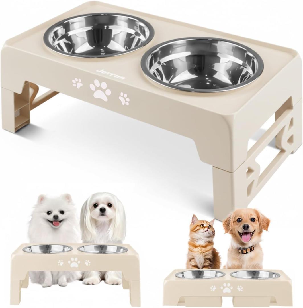Jovrun Elevated Dog Bowls for Small Dogs and Cats, Non-Slip Cat Bowls with 2 Thick 5.5" Stainless Steel Dishes, Dog Feeder 2 Heights Adjustable to 2.6"-5.3" (Beige)