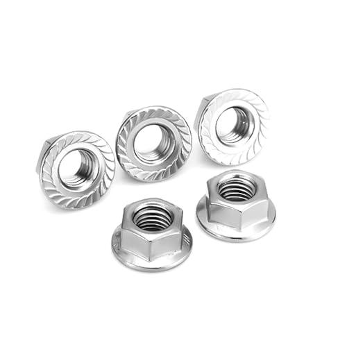 M5 x 0.8mm Serrated Flange Nuts 100Pcs,Metric 304 Stainless Steel 18-8 Hexagon Flange Hex Lock Nuts, Full Thread, Hex Drive, Bright Finish