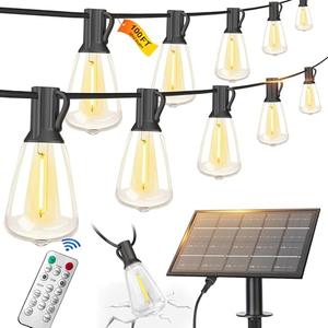 BLIATLUS 100FT Solar String Lights Outdoor Waterproof with Remote Control Solar Patio Lights 30+2 shatterproof LED ST38 Bulbs for Porch Garden Market Bistro Patio Backyard Fence