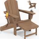 KINGYES Folding Adjustable Adirondack Chair with Retractable Ottoman, HDPE Weather Resistance Oversized Outdoor Chair with Cup Holder, Wood-Like Reclining Versatile Adirondack Chair, Brown (1 pc-Dual Cup Holders)