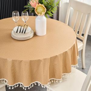 LIBERECOO Round Tablecloth, Waterproof Vinyl Tablecloths with Flannel Backing, Plain Weaves Pattern Wipeable & Reusable Plastic Table Cloth with Tassels, Ideal for Kitchen and Dining Room, 60 Inch