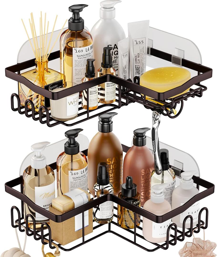 SWTYMIKI Stainless Steel Corner Shower Caddy, Shower Storage Basket Shelves with 11 Hooks, 2-Pack Shower Organizers Built-in Soap Holder No Drilling Shower Racks for Bathroom, Bronze (2-tier, Z-bronze)