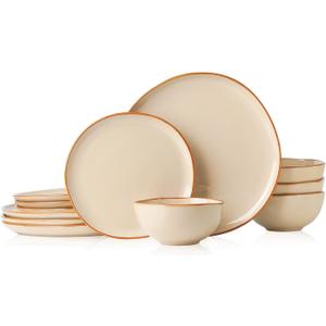 Stoneware Dinnerware Sets for 4, Reactive Glaze Plates and Bowls, Beige
12-Piece Handcrafted Rustic Porcelain Dishes Set, Highly Scratch Resistant, Dishwasher & Microwave Safe