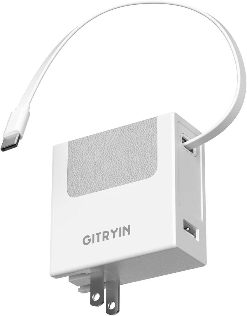 Gitryin Portable Phone Charger Block, Retractable Wall Charger with 33.5in Type-C Cable, 40W PD Fast Charging Block with USB A Port, Power Adapter with Foldable Plug for iPhone 16/15, Galaxy S23 22 (White)