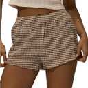 OYOANGLE Women's Gingham Shorts Y2K Elastic Waist Straight Leg Plaid Lounge Shorts with Pocket (Khaki, L)