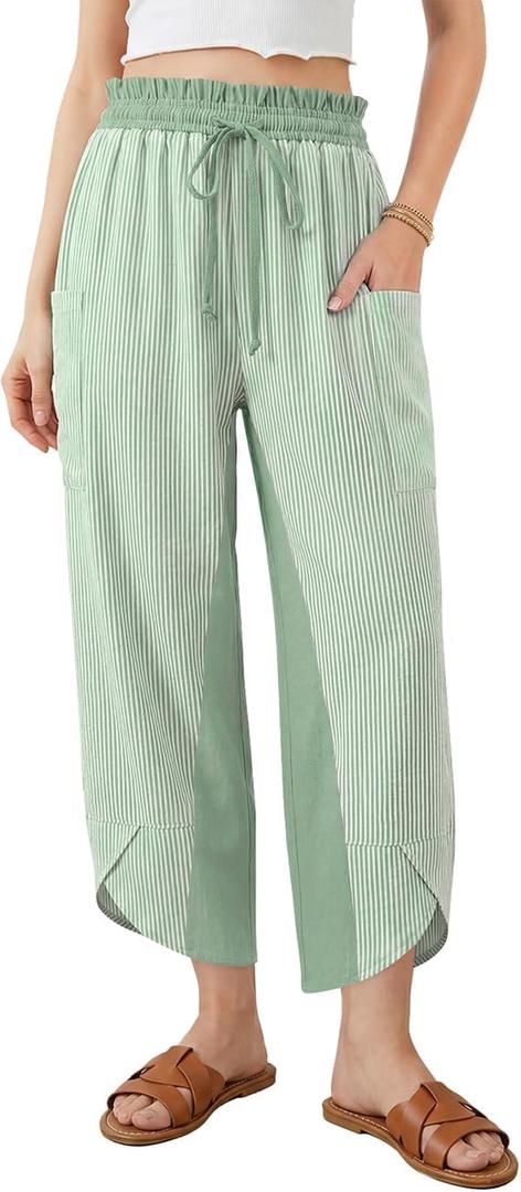 TARSE Womens Linen Palazzo Pants Striped Wide Leg Casual Capri Pant Drawstring Summer Harem Pants with Pockets (M)