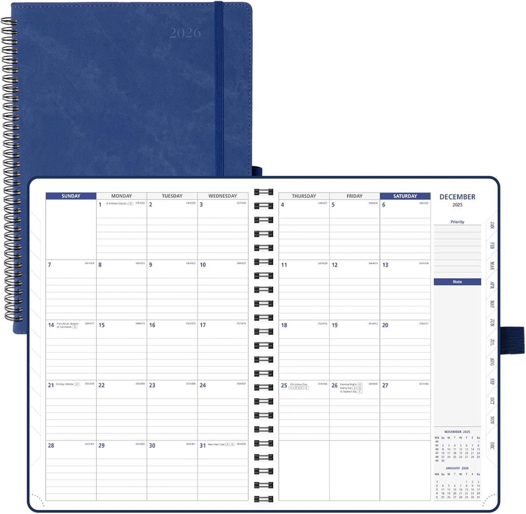 POPRUN 2026-2027 Monthly Planner A4 Size, 16 Months Calendar (Dec 2025-Mar 2027), 2 Pages per Month with Dotted & Lined Note, Monthly Tabs, Spiral Softcover, 2 Inner Pockets - Ink Blue (A4 Large-8.25'' x 11.75'')