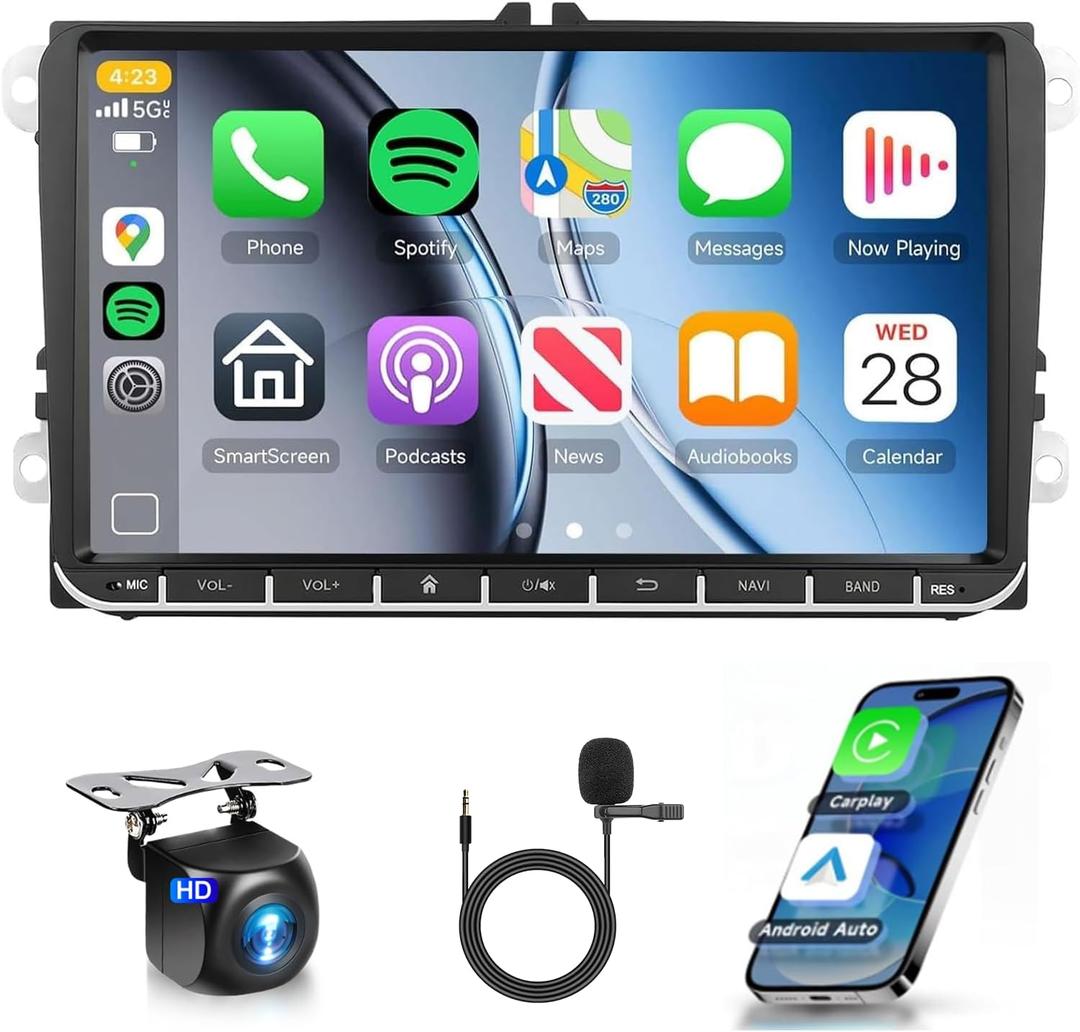 9-Inch 4G+64G Radio for VW Volkswagen Seat Golf Passat Jetta Beetle Radio Car Stereo with Wireless Carplay Android Auto,5.0 Bluetooth 32EQ,1280x720P IPS Touch Screen, FM/RDS GPS WIFI HD Backup Camera