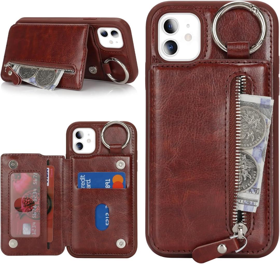 for iPhone 11 case Wallet with Card Holder for Women Men Shockproof Phone case with Keychain Ring Stand Leather Zipper Credit Card Slots-Deep Brown