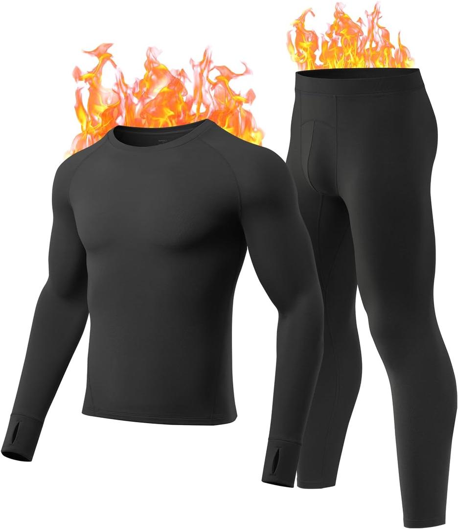 Long Johns for Men Thermal Underwear Soft Fleece Lined Base Layer Set Thermal Top Bottom Pajama Set for Cold Weather (Large, Black)