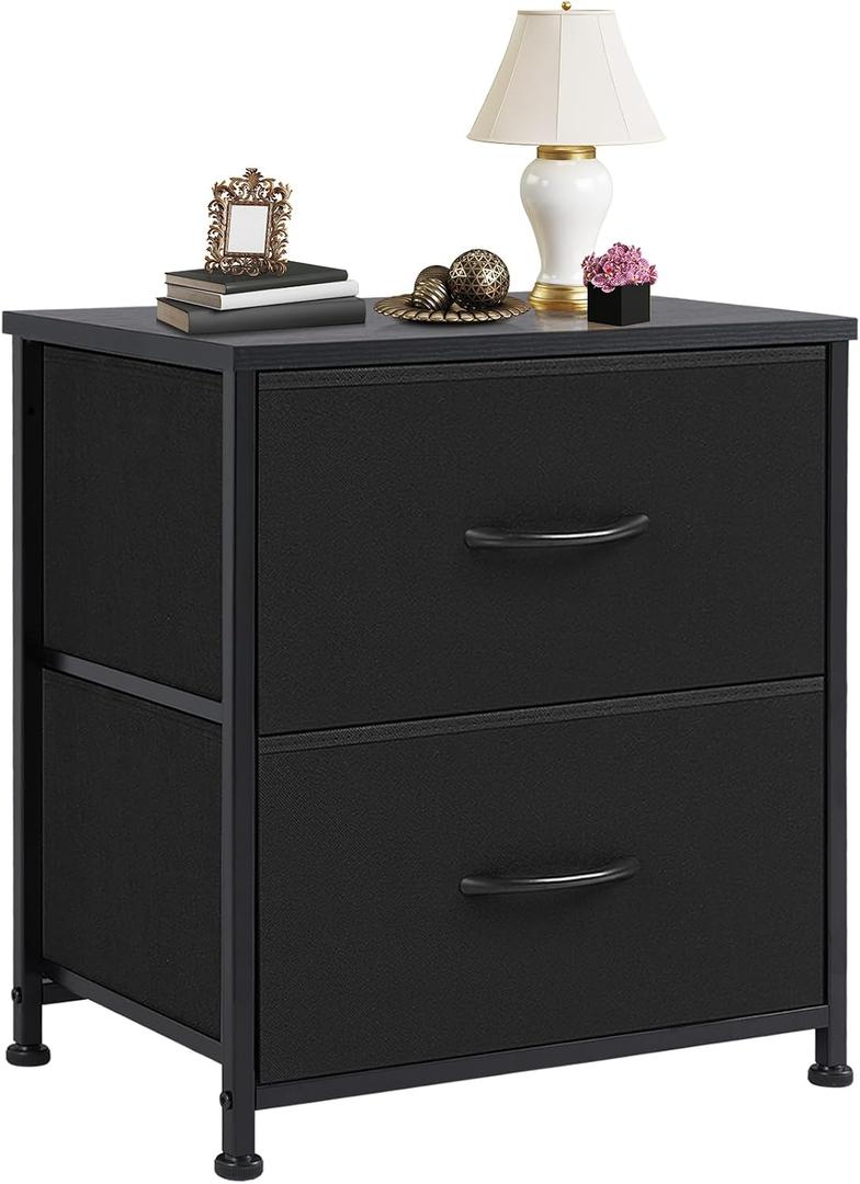 DUMOS Nightstand Small Dresser with 2 Fabric Drawers Side Tables Bedroom End Table Bedside Storage Furniture for 20 inch Tall Night Stand for Entryway, College Dorm, Classic Black, 11.8"D x 18"W x 20"H