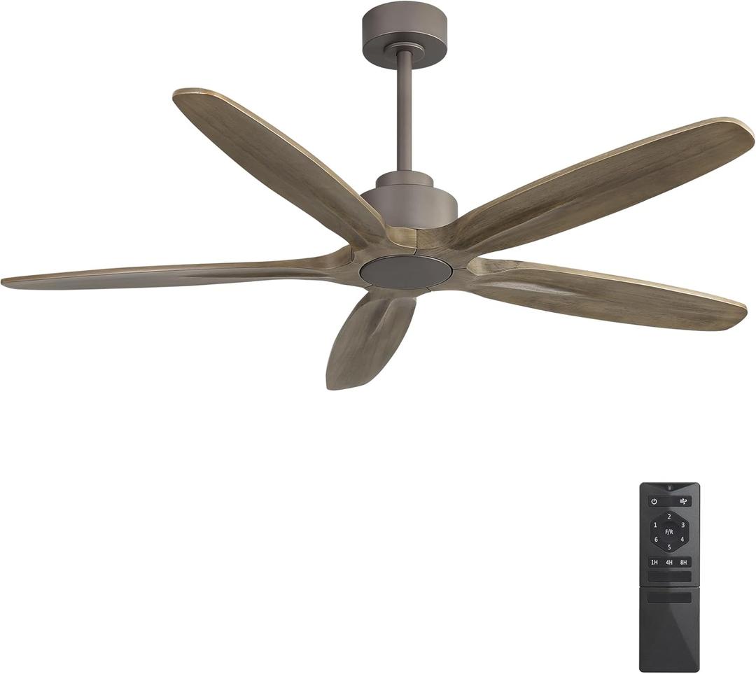 WINGBO 54 Inch Ceiling Fan without Light - 5 Carved Solid Wood Blades, 6-Speed Reversible DC Motor, Noiseless Remote Control Ceiling Fan No Light for Bedroom Living Room Kitchen, Charcoal Gray