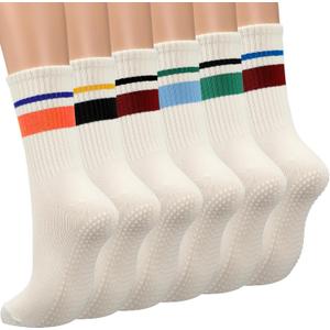 6 Pairs Pilates Socks with Grips for Women Cotton Non-slip Yoga Crew Athletic Socks for Barre Dance Exercise Gifts