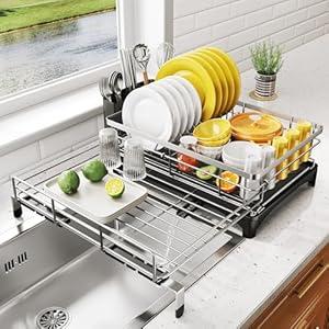 Dish Drying Rack - Extendable Dish Rack, Large Sink Drying Dish Drainer for Kitchen Counter, Stainless Steel Dish Strainer with Utensil Holder (Silver)