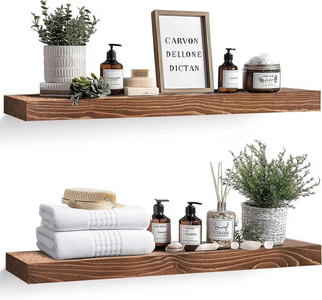 36x8x1.6 inch Floating Shelves Set of 2 Solid Wood Rustic Brown Wall Mounted Shelf for Kitchen, Bathroom, Living Room