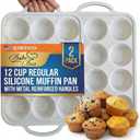 BAKE BOSS 2-Pack Silicone Muffin Pan for Baking with Metal Reinforced Frame, 12 Cup Regular Size Cupcake Pan, BPA Free Silicone Muffin Tray, Cupcake Baking Pan Molds for Oven Dishwasher Safe (Cream)