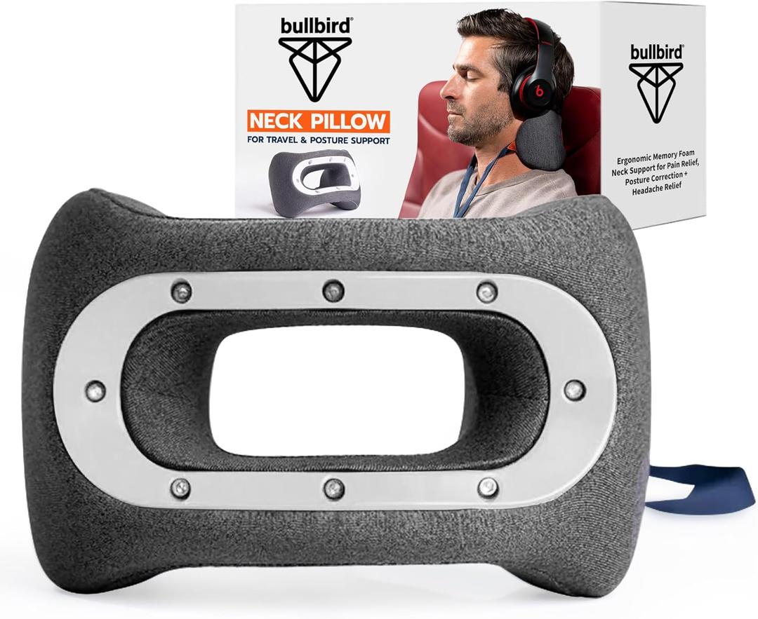 bullbird Neck Pillow for Travel - Ergonomic Memory Foam Design - Comfortable Cervical Support for Airplane, Car & Home - Compact & Portable with Carry Bag - White