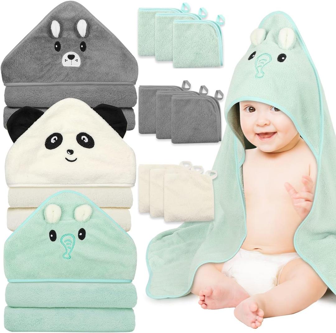 Sublaga 12 PCS Baby Towels, 3 PCS Soft Hooded Baby Towels & 9 PCS Washcloths, Baby Bath Towels for Newborns, Infants & Toddlers- Ultra Absorbent, Cute Baby Towel Gift for Boys & Girls