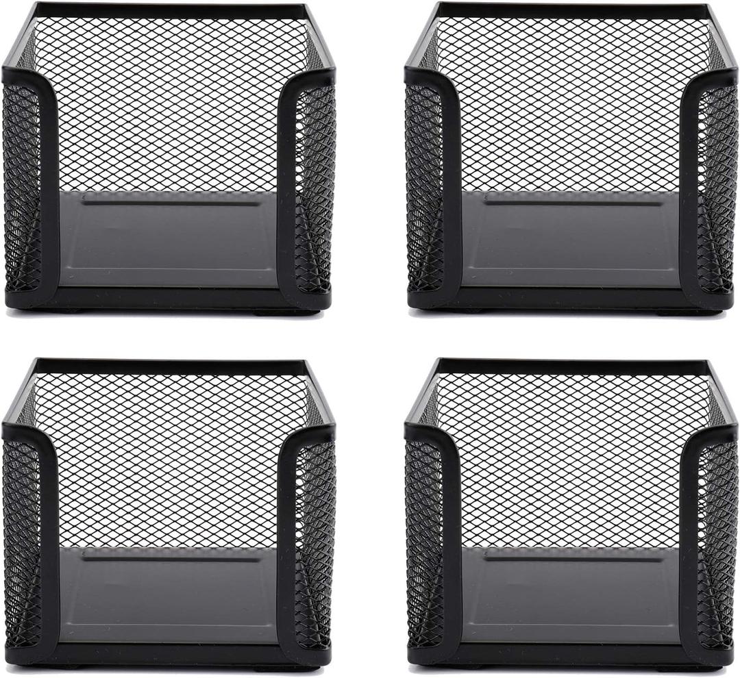 Suwimut 4 Pack Mesh Memo Holder, 4 x 4 Inch Black Metal Mesh Sticky Note Dispenser Cube Memo Pad Holder for Pen, Pencil, Paperclip, Thumbtack, Desk Organizer for Office Home School