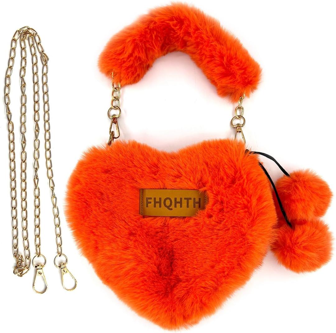FHQHTH Faux Fur Evening Handbags Heart Shaped Clutches for Women Fluffy Shoulder Bags Metal Chain Strap (Orange)